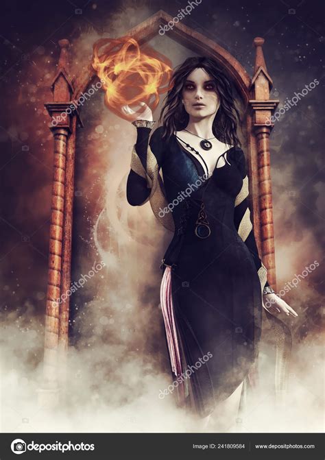 Gothic Sorceress Holding Sphere Fire Standing Front Mirror Render Stock