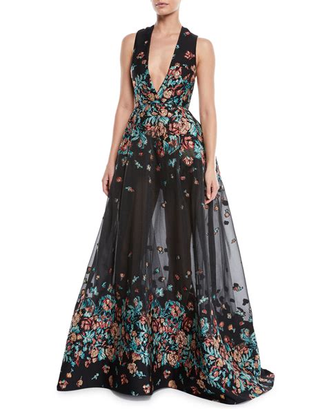 Elie Saab Deep V Sleeveless Floral Jacquard Fil Coupe Evening Gown
