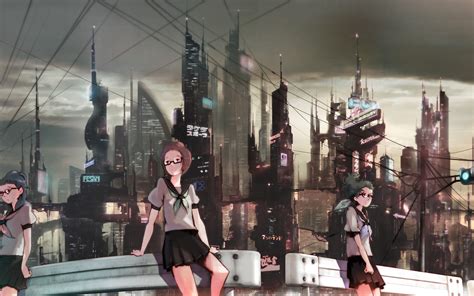 Cityscapes Futuristic School Uniforms Glasses Meganekko