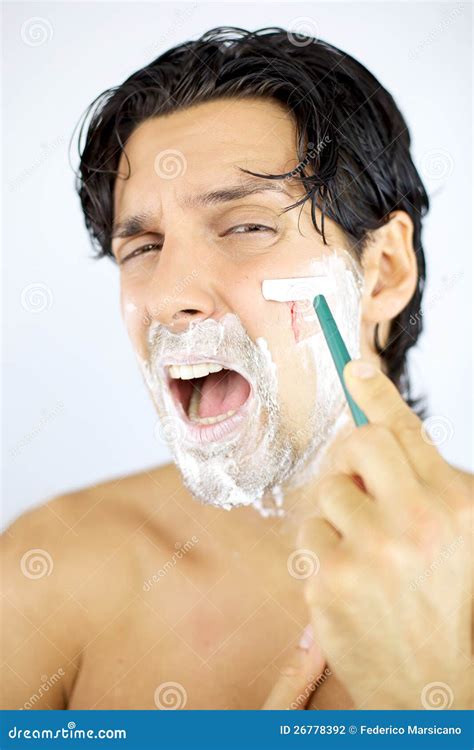 Man Shouting While Shaving Cutting With Blade Stock Photo Image Of