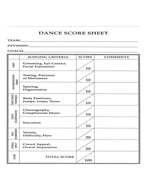 Printable Dance Score Sheet Printable World Holiday