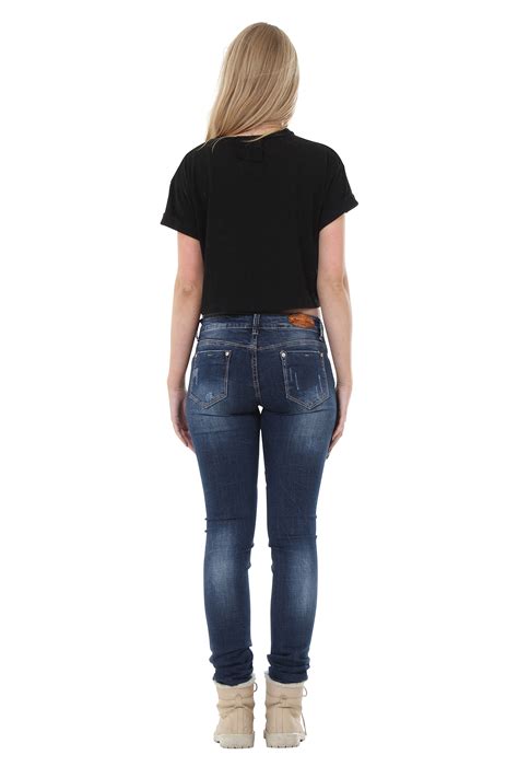 Low Rise Ripped Jeans With Diamante Detail Skinny Fit Dark Blue Glamour Outfitters