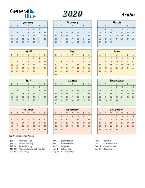 2020 Aruba Calendar With Holidays