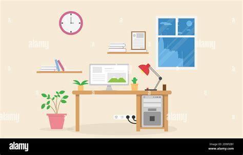 Interior Work Place Design With Computer And Accessory Designvector
