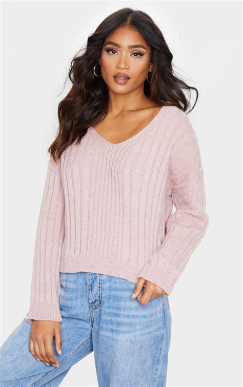 Blush Soft Knit Ribbed V Neck Jumper Prettylittlething Aus