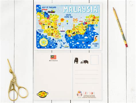 Malaysia Map Postcard Illustrated Map Of Malaysia A Size Etsy Uk