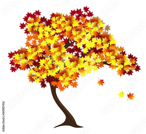 Autumn Maple Tree With Red And Yellow Falling Leaves Hand Drawn Vector