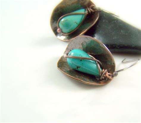 Copper Turquoise Earrings Hammered Copper Sterling Ear Etsy