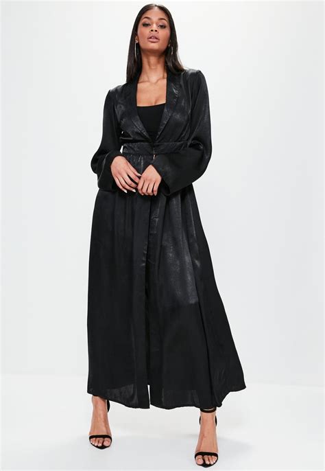 Missguided Black Crushed Satin Waist Detail Duster Coat Coats Jackets Women Trench Coats Women