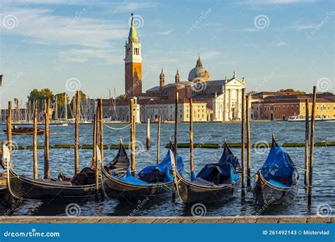 Venice Gondolas And San Giorgio Maggiore Island Italy Editorial Stock
