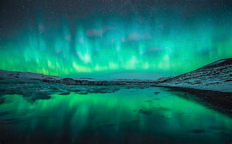Hd Wallpaper Aurora Borealis Northern Lights Snow Winter Night Stars
