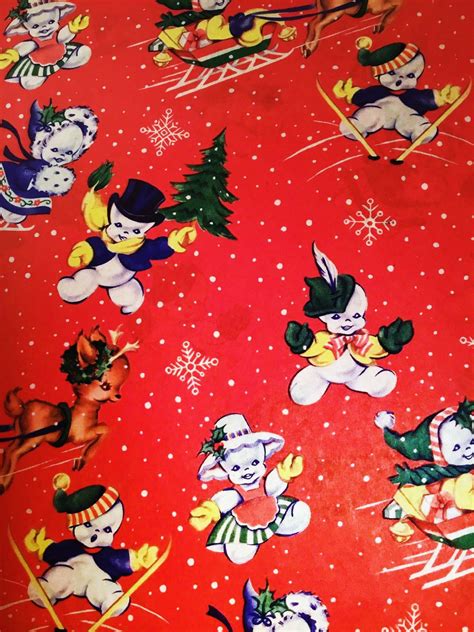 Christmas Wrapping Paper With Snowman Snow Kids 1950s Vintage
