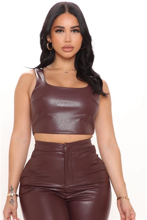 Womens Julia Faux Leather Crop Tank Top In Chocolate Brown Size 1x By