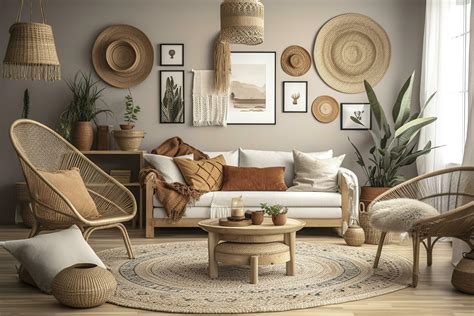 Stylish And Modern Boho Inspired Living Room With Carpet Rattan