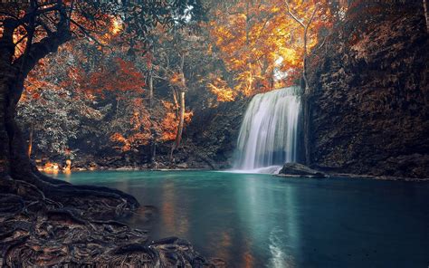 Nature Landscape Waterfall Thailand Trees Roots Green Yellow Tropical