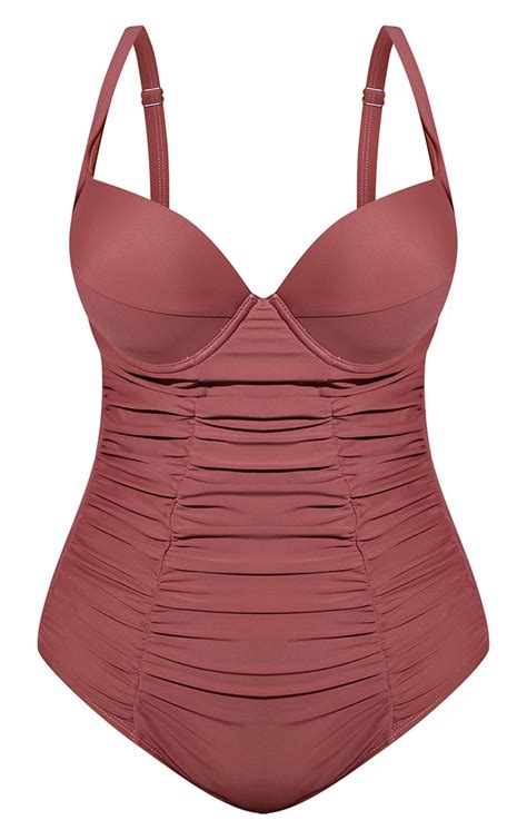 Plus Brown Ruched Cupped Swimsuit Prettylittlething Uae