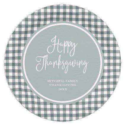 Happy Thanksgiving Sage Green Gingham Paper Plate Script Gifts