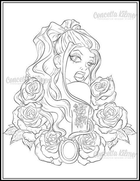 Rose Tattoo Style Art Coloring Page Fantasy By Concettasdesigns 350