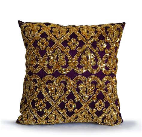 Purple Gold Throw Pillows Gold Bead Pillow Silk Pillow Etsy