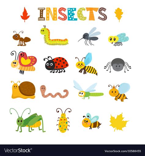 Set Cartoon Insects Colorful Bugs Collection Vector Image