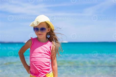 Adorable Little Girl At Tropical Beach During European Vacation