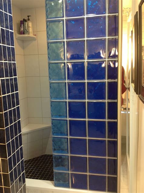 Colored glass block shower & partition walls in a condo remodeling ...