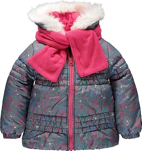 London Fog Girls Winter Coat With Scarf And Hat 2t Grey Heart Print