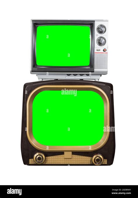 Two Vintage Television Isolated On White With Chroma Green Screen Cut
