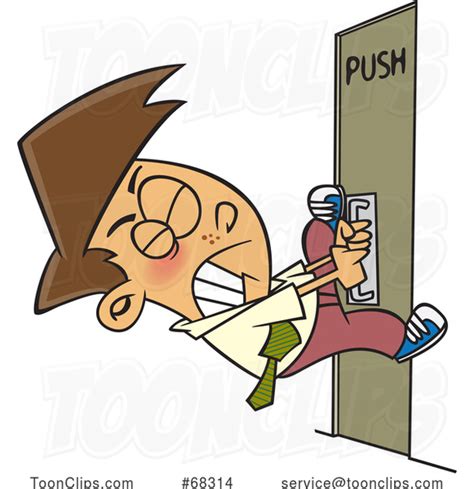 Cartoon Guy Pulling On A Door That Says Push 68314 By Ron Leishman