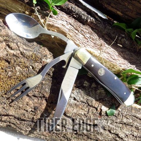Folding Pocket Knife Elk Ridge Black Wood Spoon Fork Blade Hobo Camp