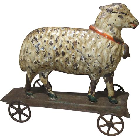 Antique American Tin Toy Sheep On Platform For Display With Antique