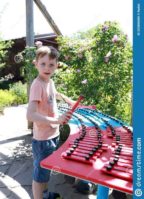 Boy Playing Xylophone In Park Stock Image Image Of Leisure Mallet