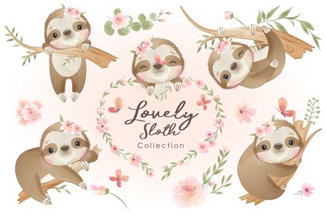 Cute Sloth With Floral Clipart With Watercolor Illustration