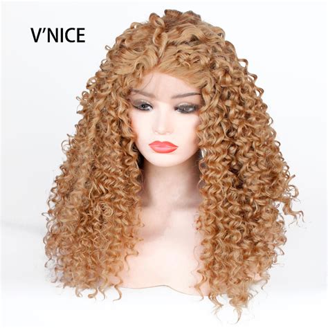 vnice golden honey blonde kinky curly glueless synthetic lace front wig long hair curly natural