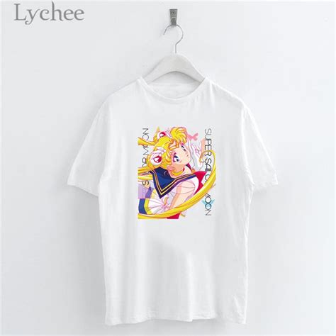 Lychee Harajuku Sailor Moon Print Female White T Shirt Short Sleeve O Neck T Shirts Women Simple