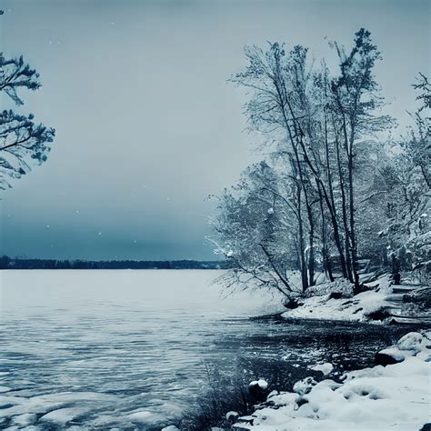 Beautiful Winter Lake Scene With Softly Falling Snow And Fantasy Glow