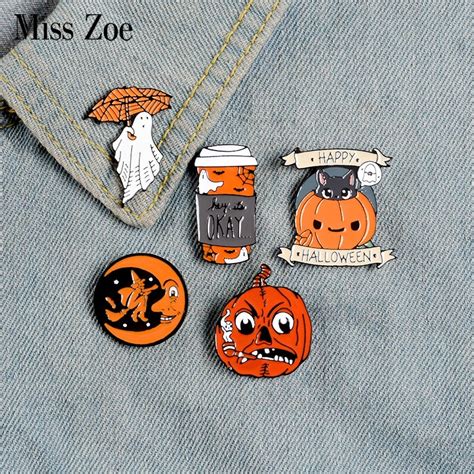Halloween Enamel Pin Badge Coffee Moon Ghost Pumpkin Umbrella Brooches Fun Badge Collectable