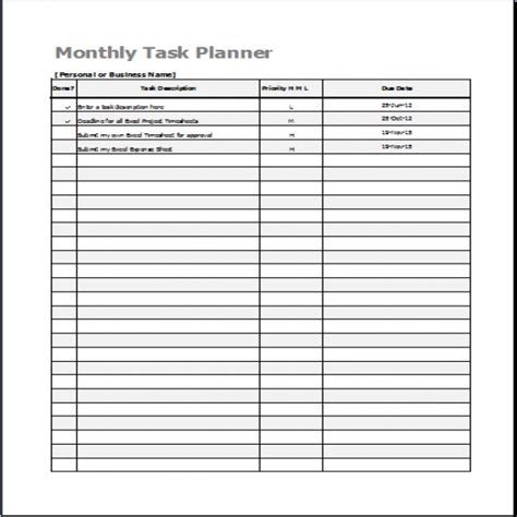 Monthly Task List Template Excel