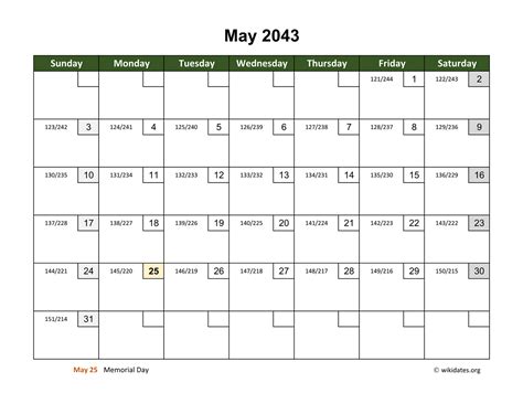May 2043 Calendar With Day Numbers