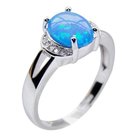 Jewelryshop2009 Round Created Blue Opal Ring 925 Sterling Silver Ring