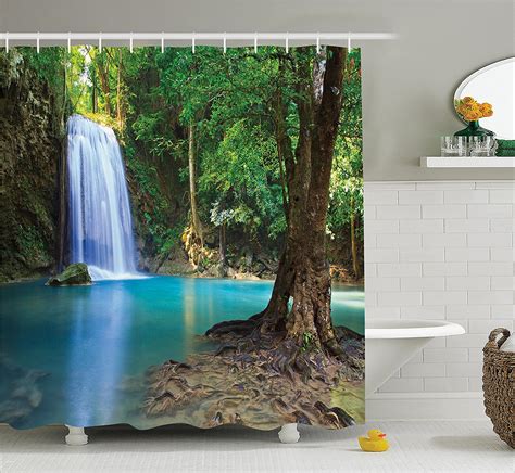 Woodland Decor Shower Curtain Set By Waterfall Asia Thailand Jungle