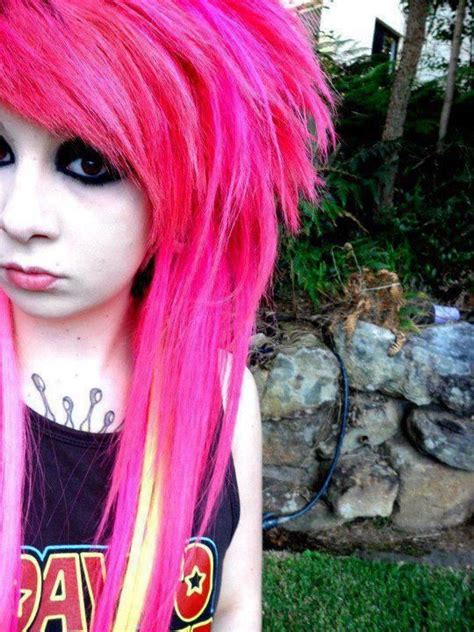 Bright Colored Hair Pink And Dark Make Up Around Eyes Emo Girl Look