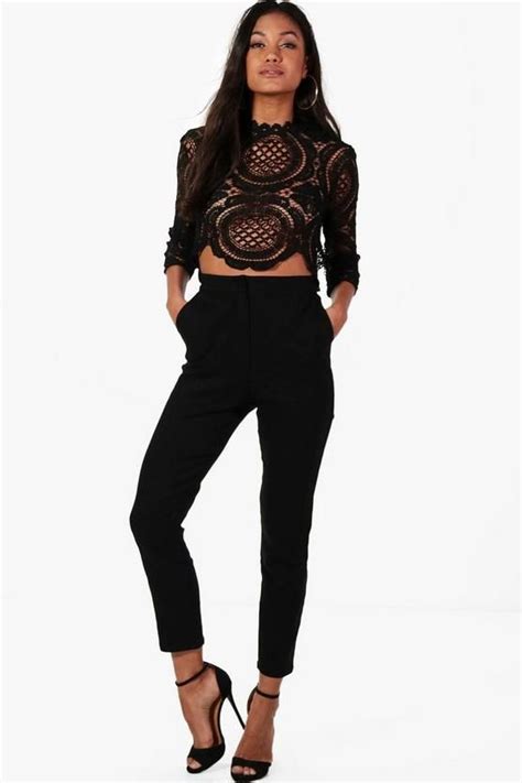 Boutique Crop And Trouser Co Ord Set Black Lace Crop Top Lace Crop Tops