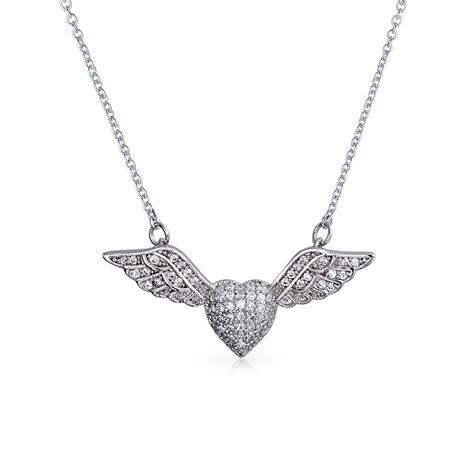 Bling Jewelry 925 Sterling Silver Cz Pave Heart Angel Wing Necklace