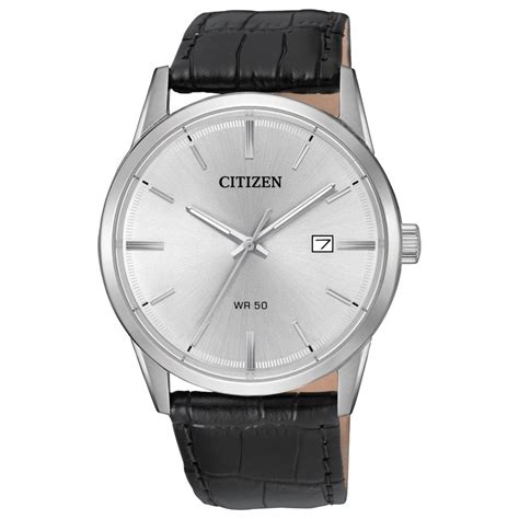 citizen stainless steel watch with silver dial and black leather strap timepieces from adams