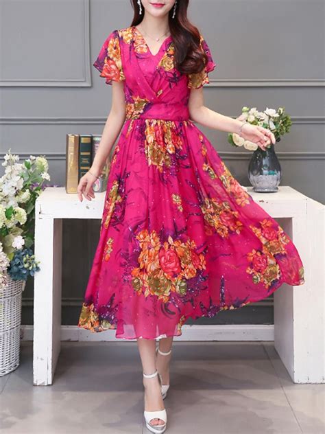Fashionmia Fashionmia V Neck Floral Printed Chiffon Ruffle Sleeve Maxi Dress
