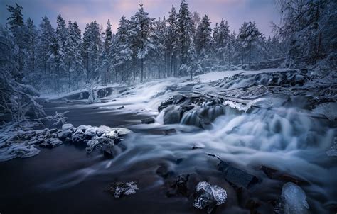 Wallpaper Winter Forest Trees River Norway Cascade Norway