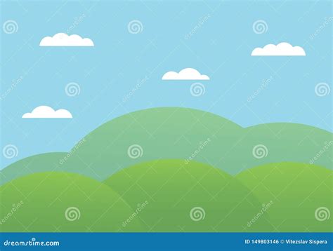 Flat Design Cartoon Illustration Of Mountain Landscape With Hills Under