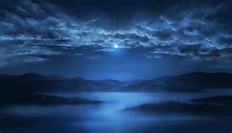 Download X Anime Landscape Night Moon Clouds Sky Lake Artwork Wallpapers