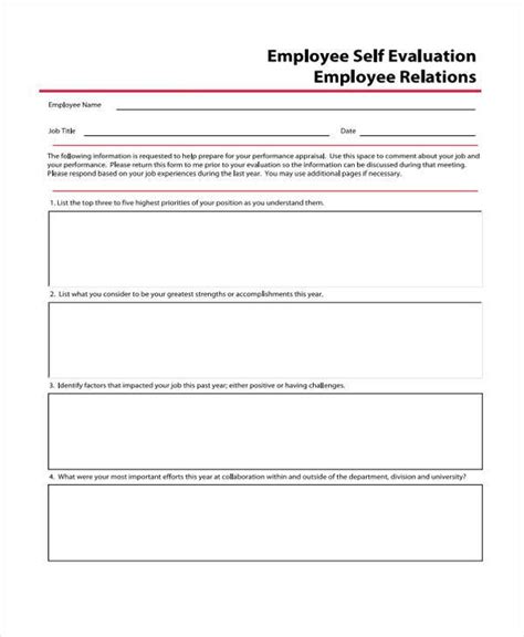 Employee Self Evaluation Forms Printable